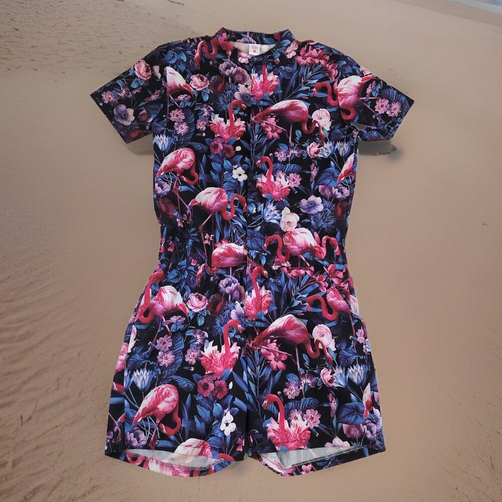 Tropical Flamingo Floral Romper Jumpsuit Zipper Short Sleeve Festival Size M⁠